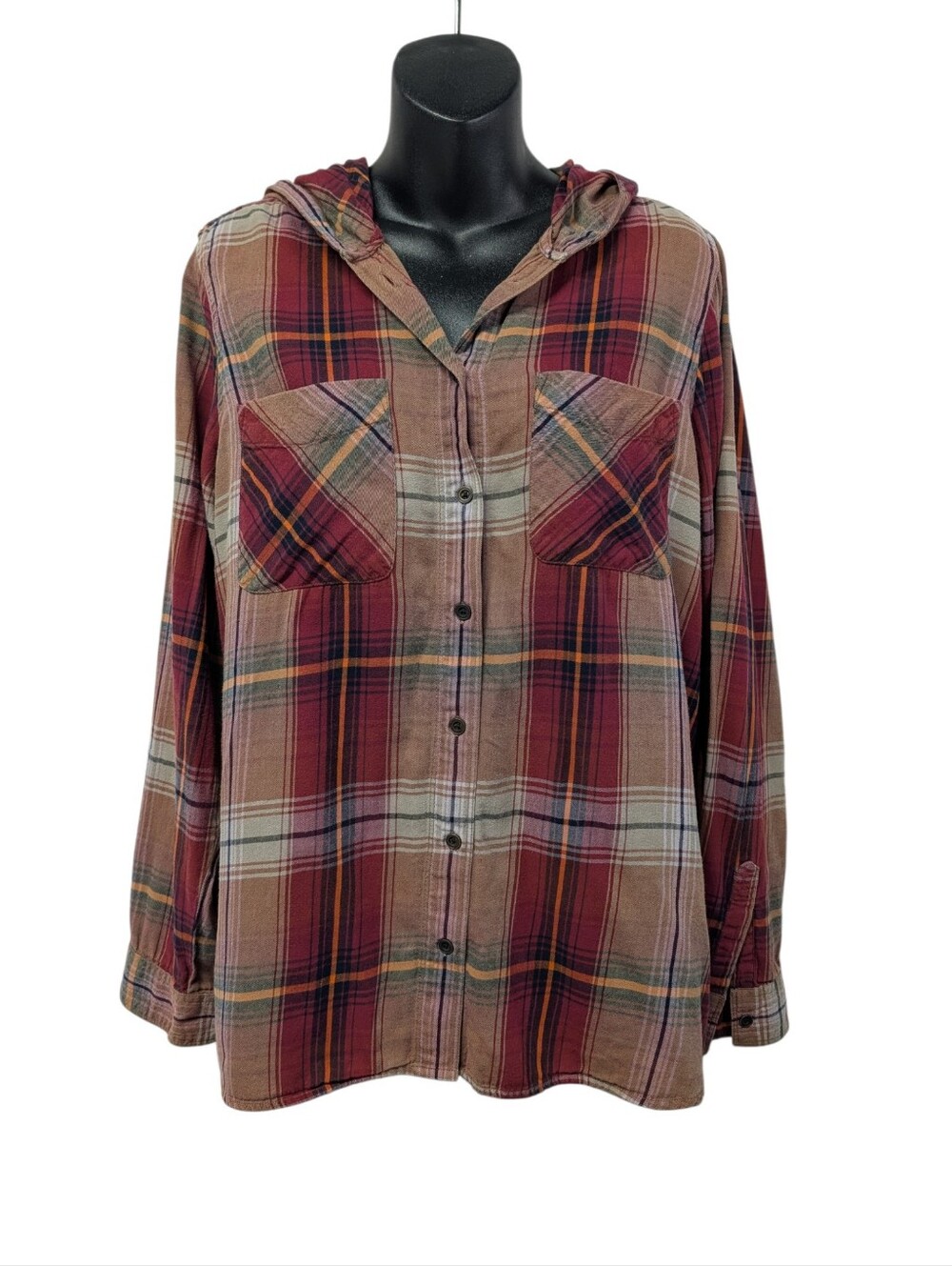 BKE Womens L Plaid Flannel Hooded Collared Button-Up Shirt 100% Cotton